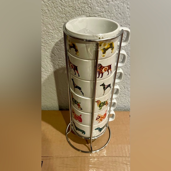 World Market Stacking Coffee Mugs/Cups Set of 6 Patchwork Dogs w/ stand - Picture 3 of 5